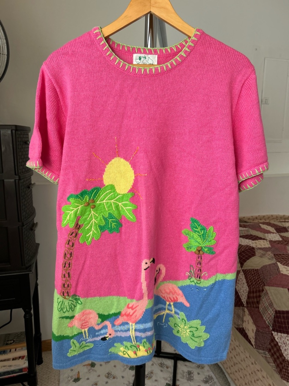 Vintage Quacker Factory Knit Pullover Crewneck Short Sleeve Sweater Flamingo